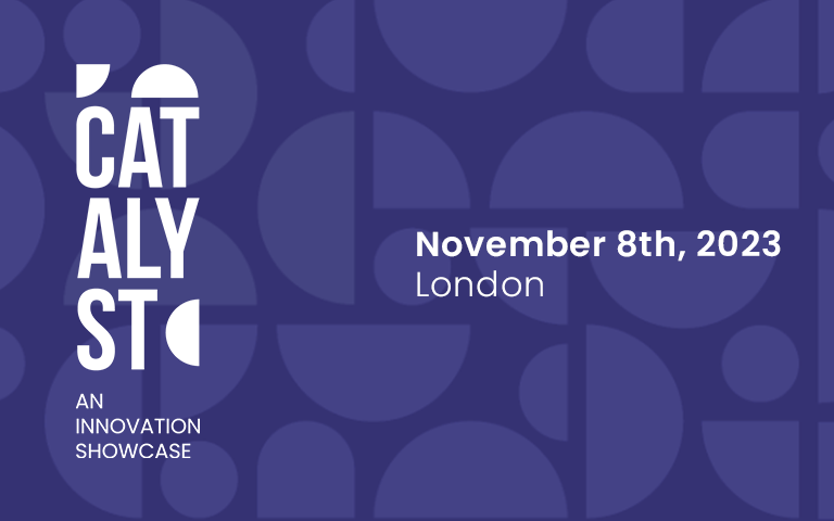 Catalyst innovation event in London. Taking place on November 8th. The background is a deep purple with symbols that resemble cogs and gears.